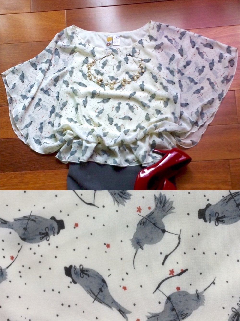 Mimi Chica Flutter Sleeve Top with Dashing Birds -M-